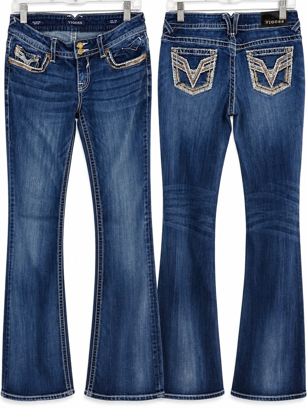 Vigoss Chelsea Juniors Jeans 9/10 32 Bootcut Embroidered Sequin Stretch Y2K